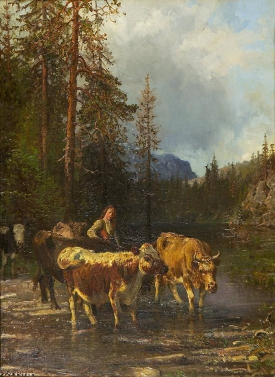 Milkmaid And Cows By Watering Place — Anders Monsen Askevold