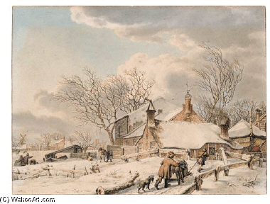 A Winter Landscape With Men And A Sledge Near A Farm, People On The Ice Beyond — Jacob Cats