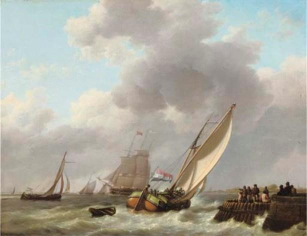 A Busy Day On The Water Near A Jetty — Johannes Hermann Barend Koekkoek
