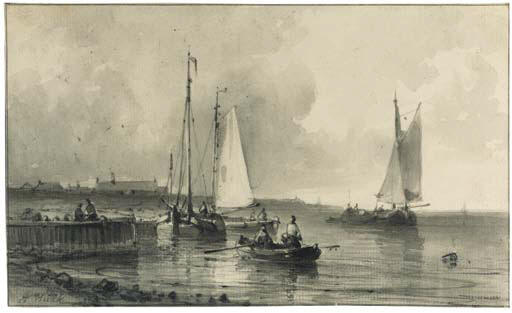 Shipping By A Harbour, Figures Seated On A Jetty Nearby — Abraham Hulk Senior
