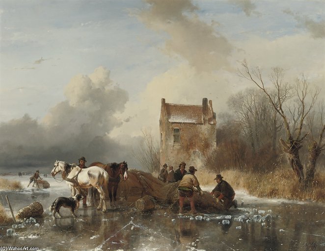 Ice Fishing - Hauling In The Nets On A Winter's Day — Andreas Schelfhout