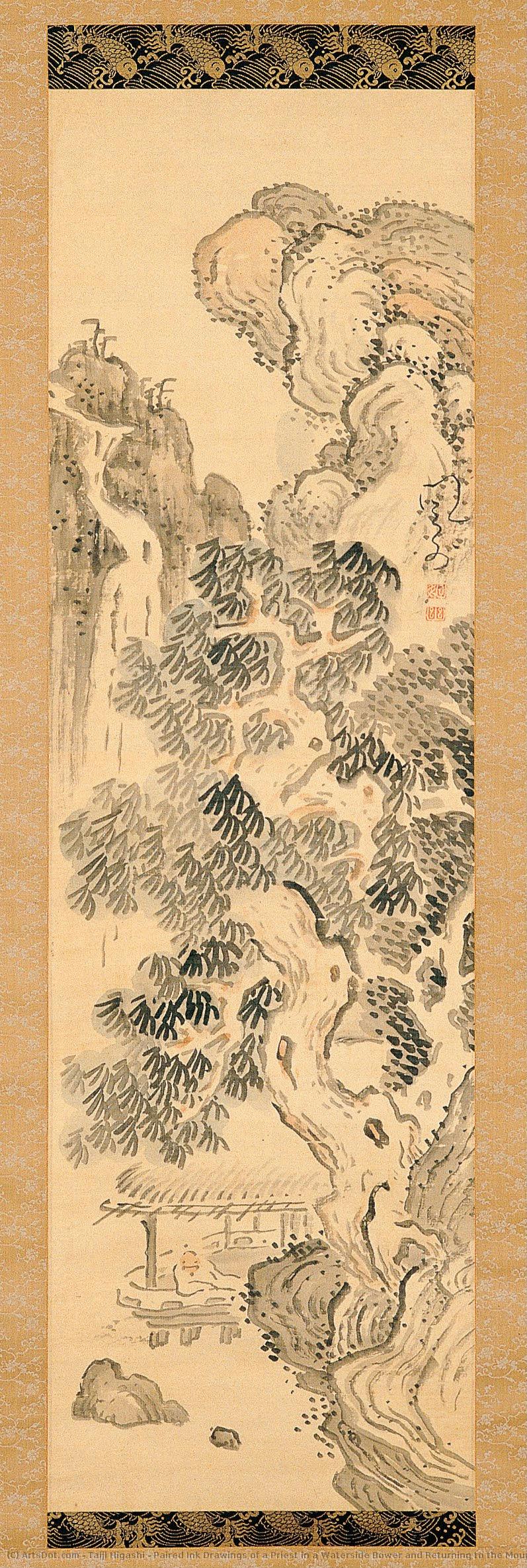 Paired Ink Drawings Of A Priest In A Waterside Bower And Returning To The Mountain — Taiji Higashi