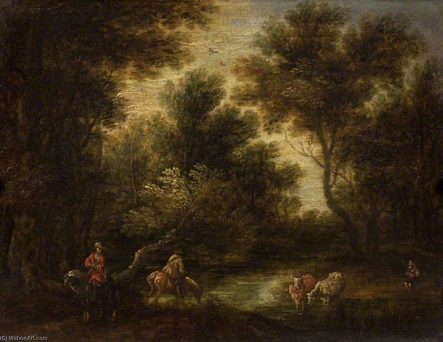 Wooded Landscape With Stream And Figures — Theobald Michau