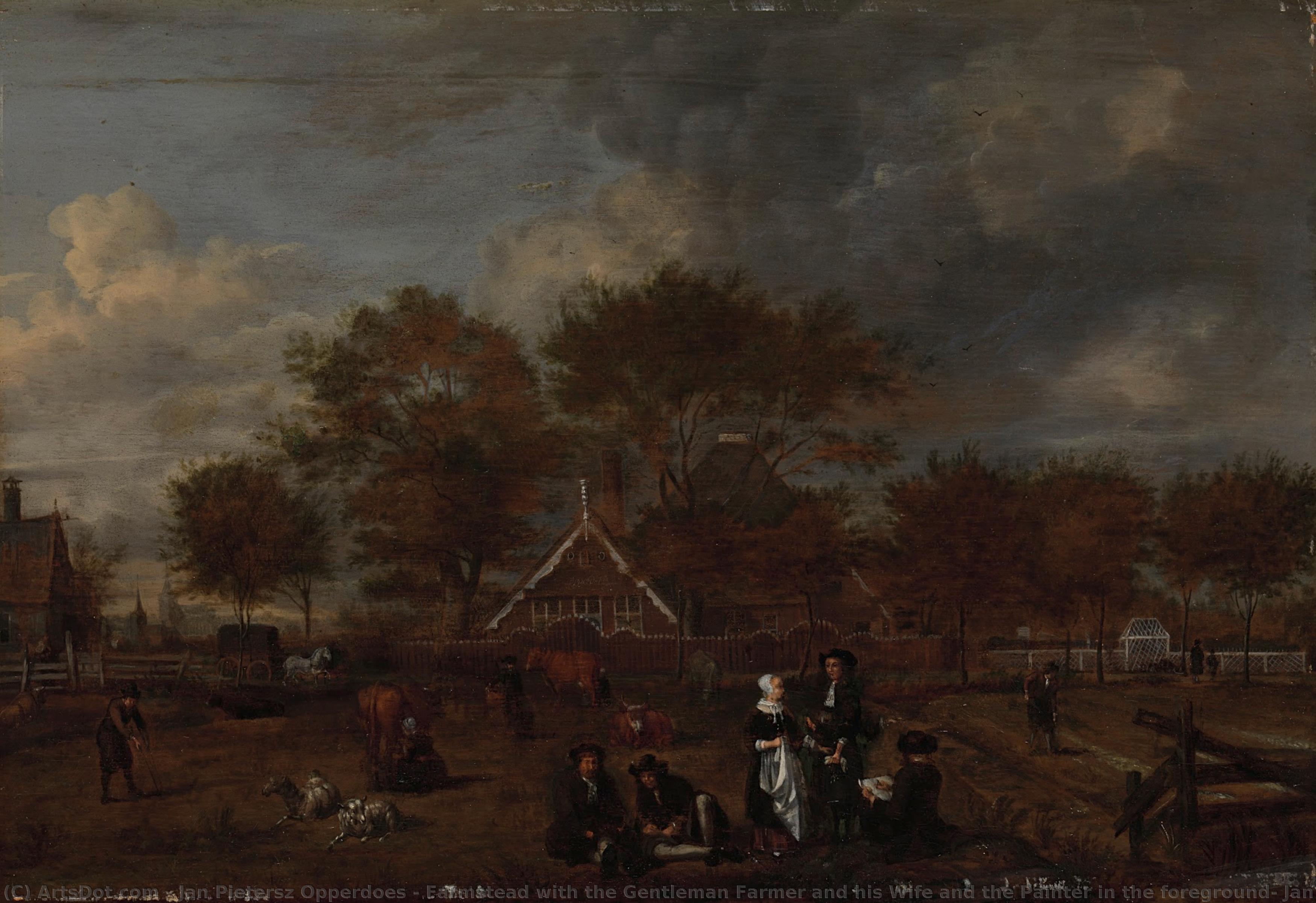 Farmstead With The Gentleman Farmer And His Wife And The Painter In The Foreground, Jan Pietersz Opperdoes, 1650 - 1680 — Jan Pietersz Opperdoes