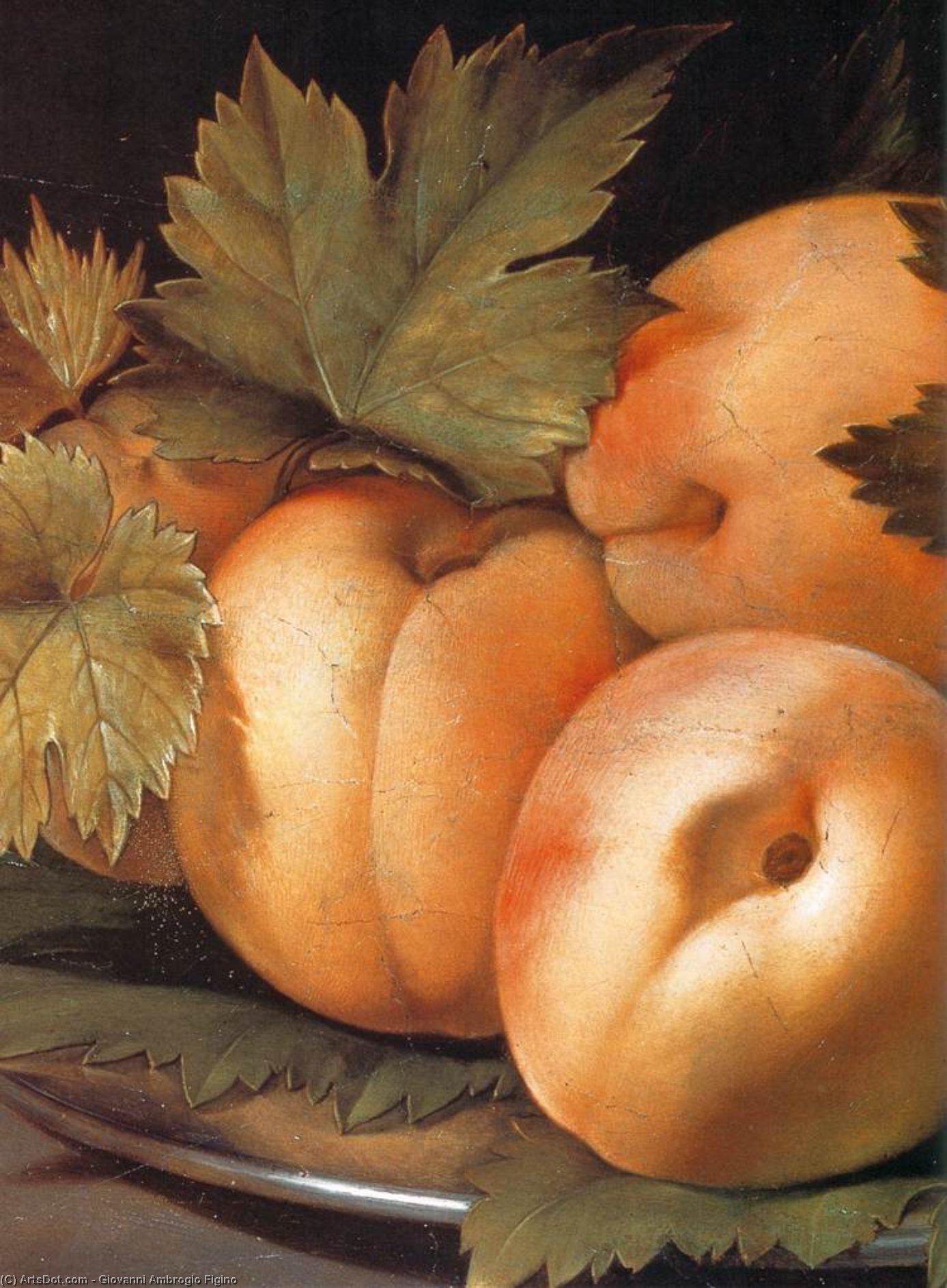 Metal Plate With Peaches And Vine Leaves (detail) — Giovanni Ambrogio Figino
