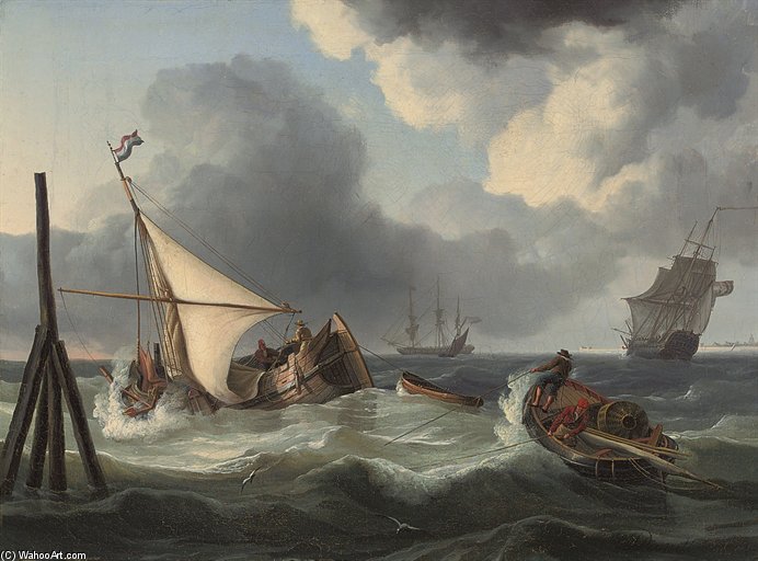 Fishermen Wrestling With The Swell At High Tide, Off The Mouth Of The Scheldt — Charles Martin Powell