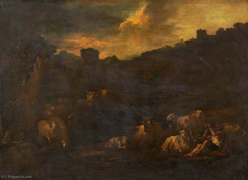 Farm Animals In A Landscape With An Old Man Drinking — Philipp Peter Roos