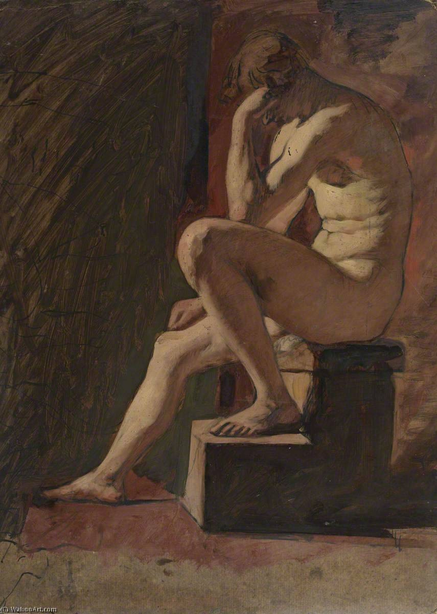 Seated Male Nude, Head Resting Against Hand, Left Foot Resting On Block (recto) — William Etty
