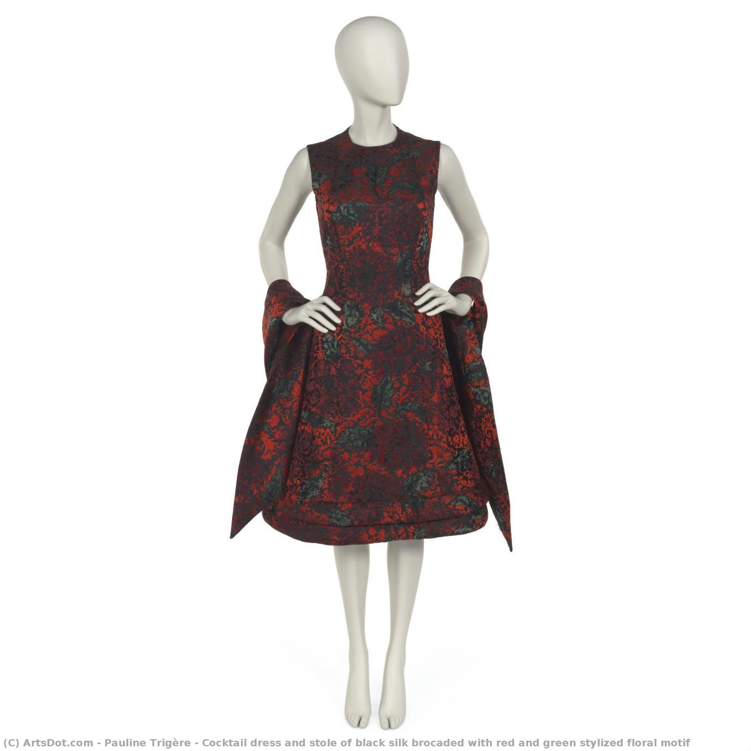 Cocktail Dress And Stole Of Black Silk Brocaded With Red And Green Stylized Floral Motif — Pauline Trigère