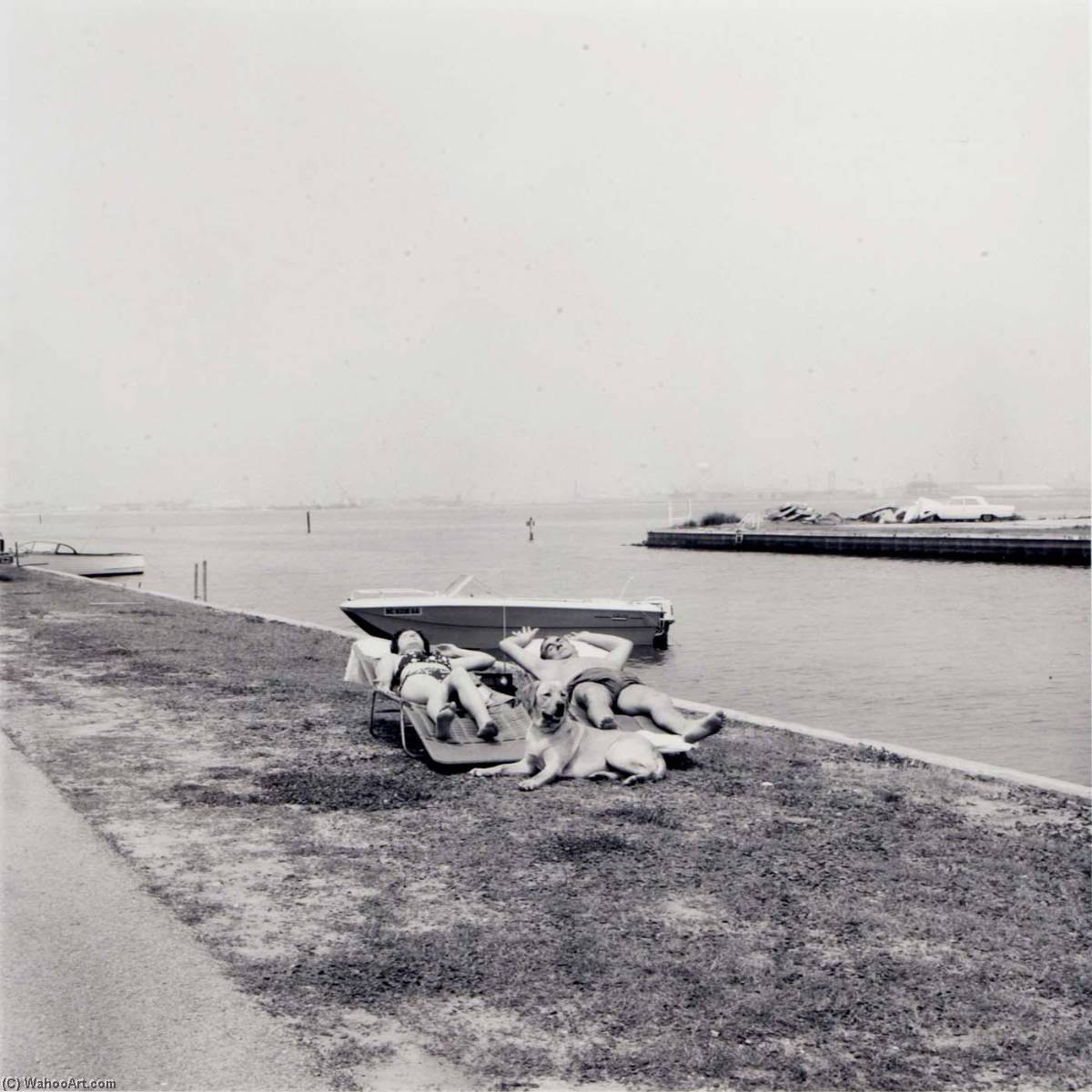 Untitled (2 People And Dog, Sunning Near Waterway) — Burk Uzzle
