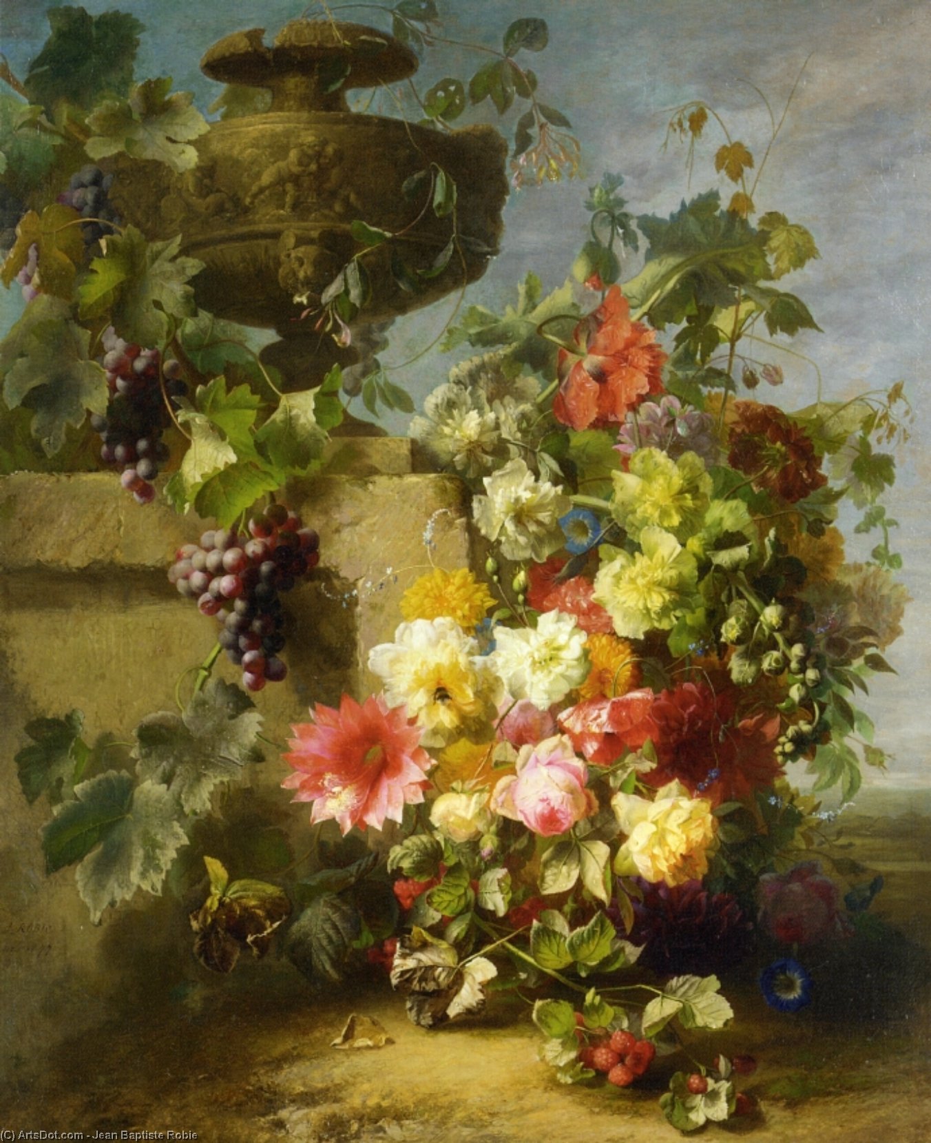 Still Life Of Roses - Morning Glories - Chrysanthemums - Forget....ledge In A Landscape — Jean Baptiste Robie