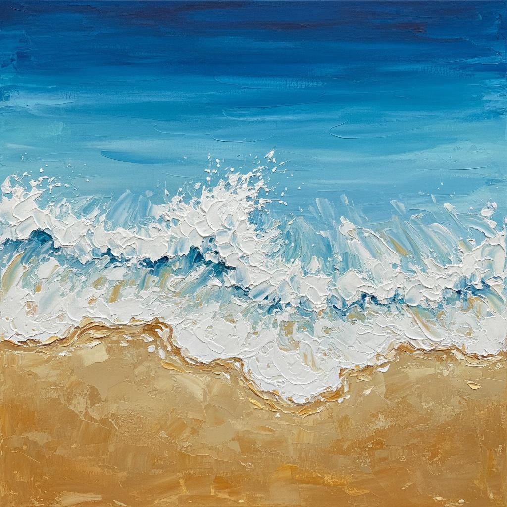 Cerulean Tides: An Impasto Study Of Rhythmic Surf And Golden Shoreline — David Moreau