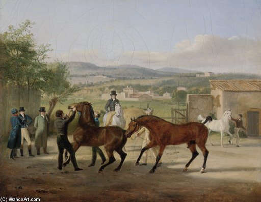 A Stallion Being Led To A Mare In A Stable Yard, A Landscape With Villas Beyond — Jacques Laurent Agasse