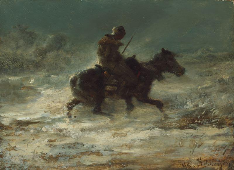 Man With Lance Riding Through The Snow — Adolf Schreyer