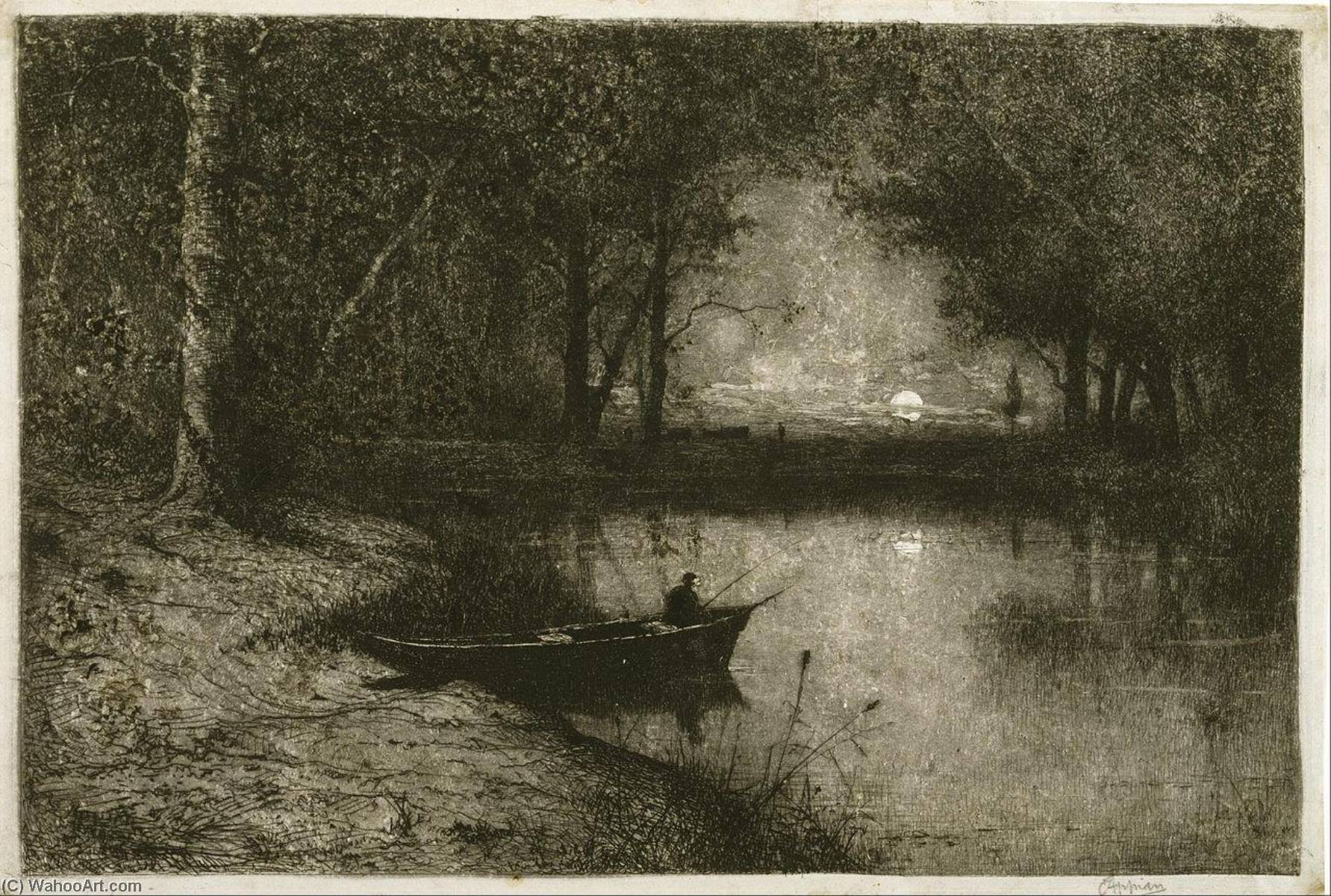 Fisherman In A Boat At The Edge Of A River — Jacques Barthélemy Appian