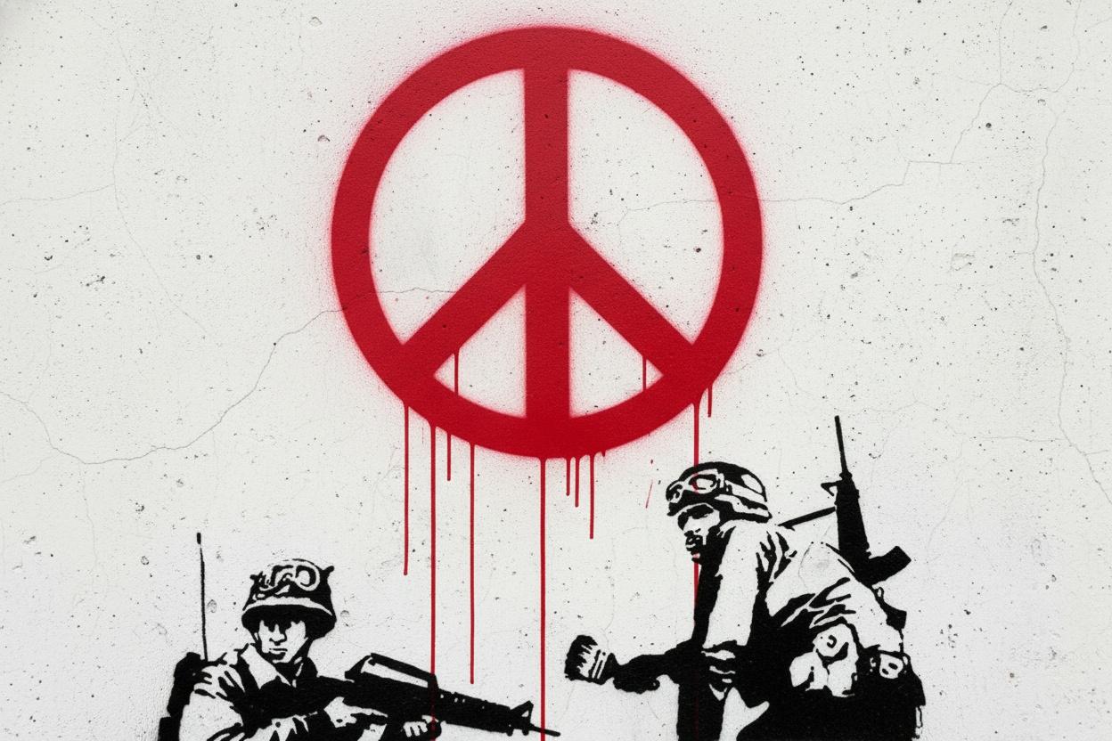 Crimson Echoes Of Conflict: A Monumental Stencil Of Silent Confrontation And Peace — Gabriel Lefèvre