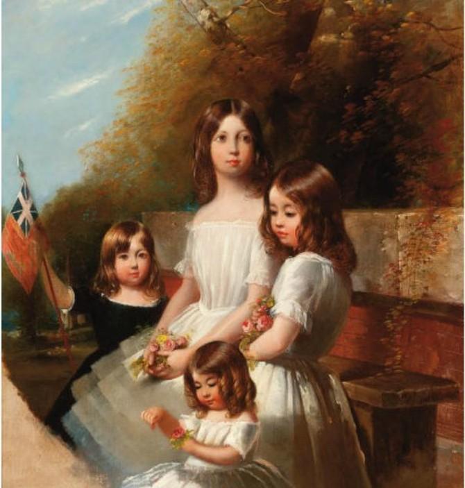 Group Portrait Of Four Children In A Landscape, Holding Flowers And A Flag — Henry Barraud