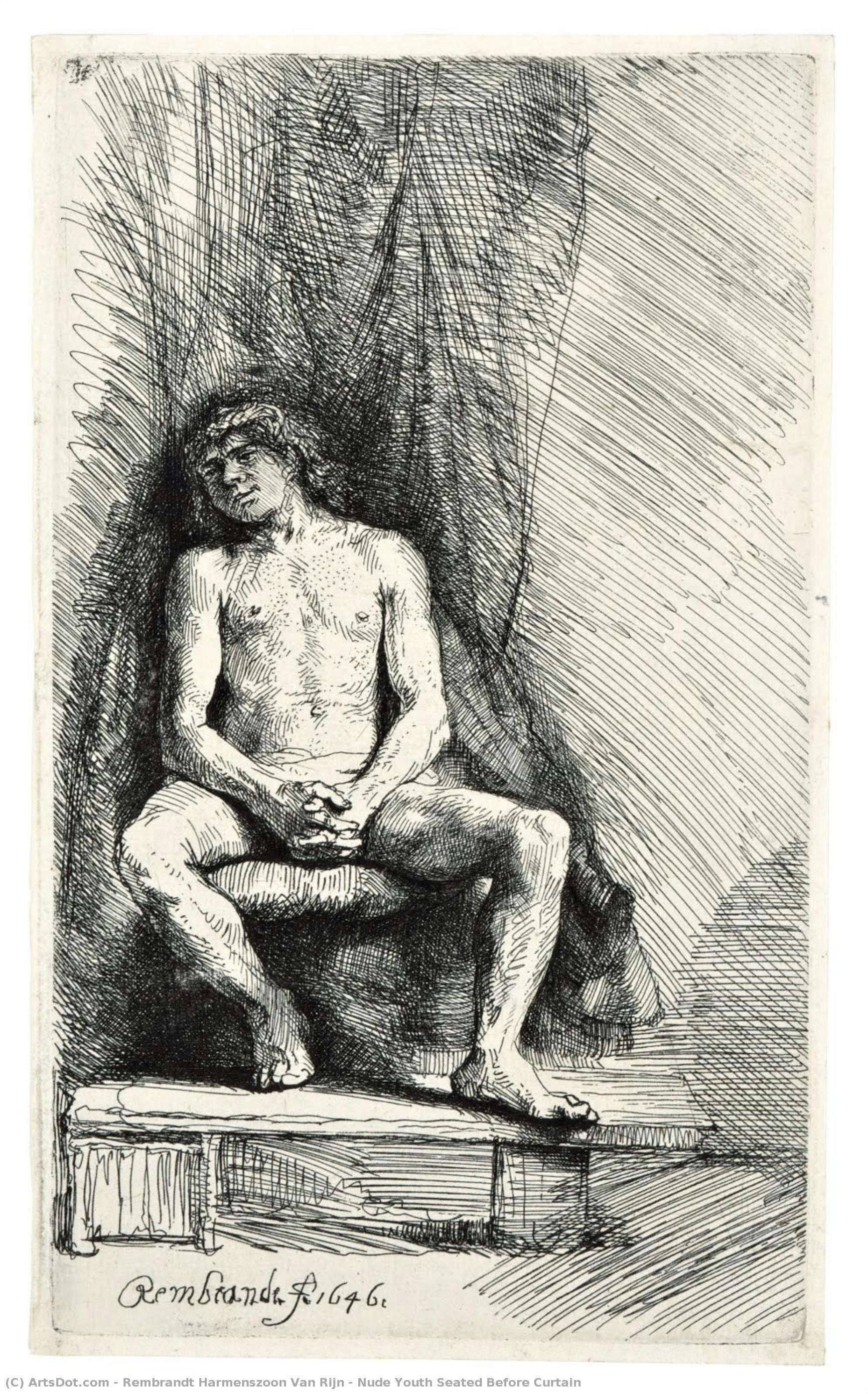 Nude Youth Seated Before Curtain — Rembrandt Van Rijn