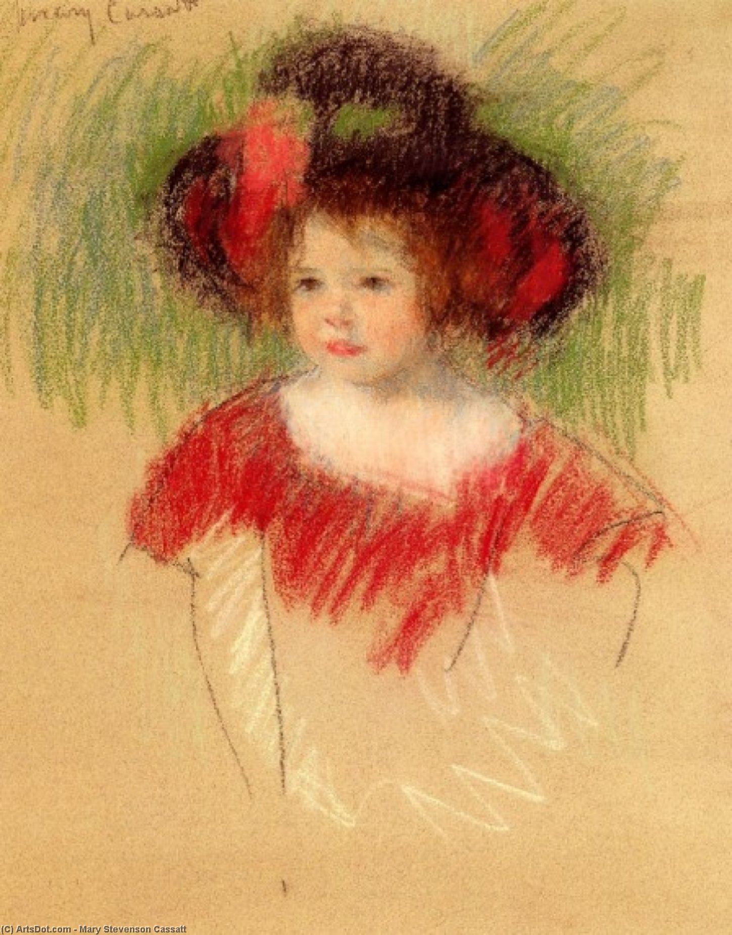 Margot In Big Bonnett And Red Dress — Mary Stevenson Cassatt