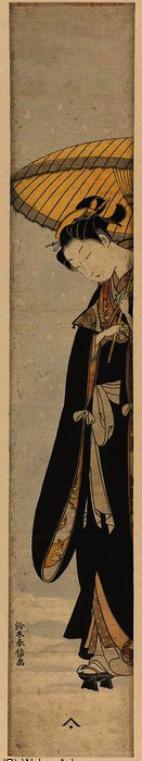 Young Woman In Black Coat Walking In Snow With An Umbrella — Suzuki Harunobu