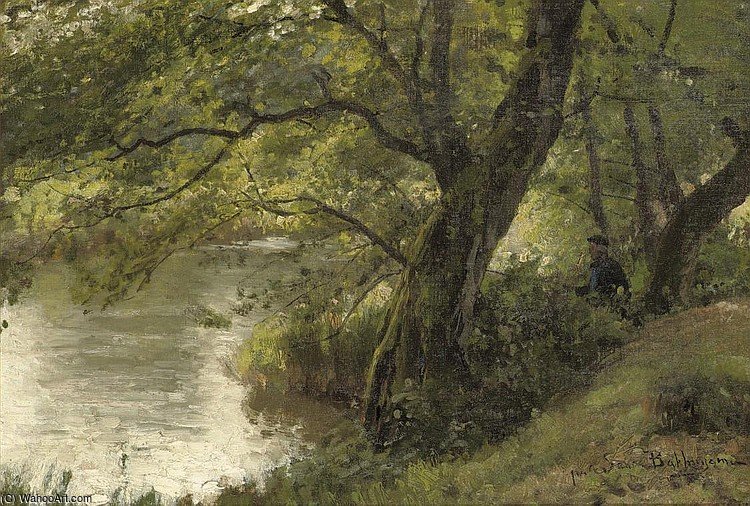 Fishing Near A Woodland Stream — Julius Jacobus Van De Sande Bakhuyzen