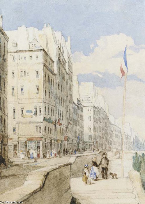 Figures And A Dog On The Quayside, Paris, Near The Pont Neuf — John Scarlett Davis
