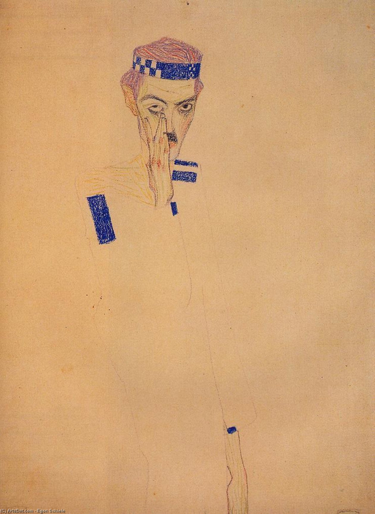 Mann Mit Blauem Stirnriemen Und Hand Auf Der Wange — Egon Schiele