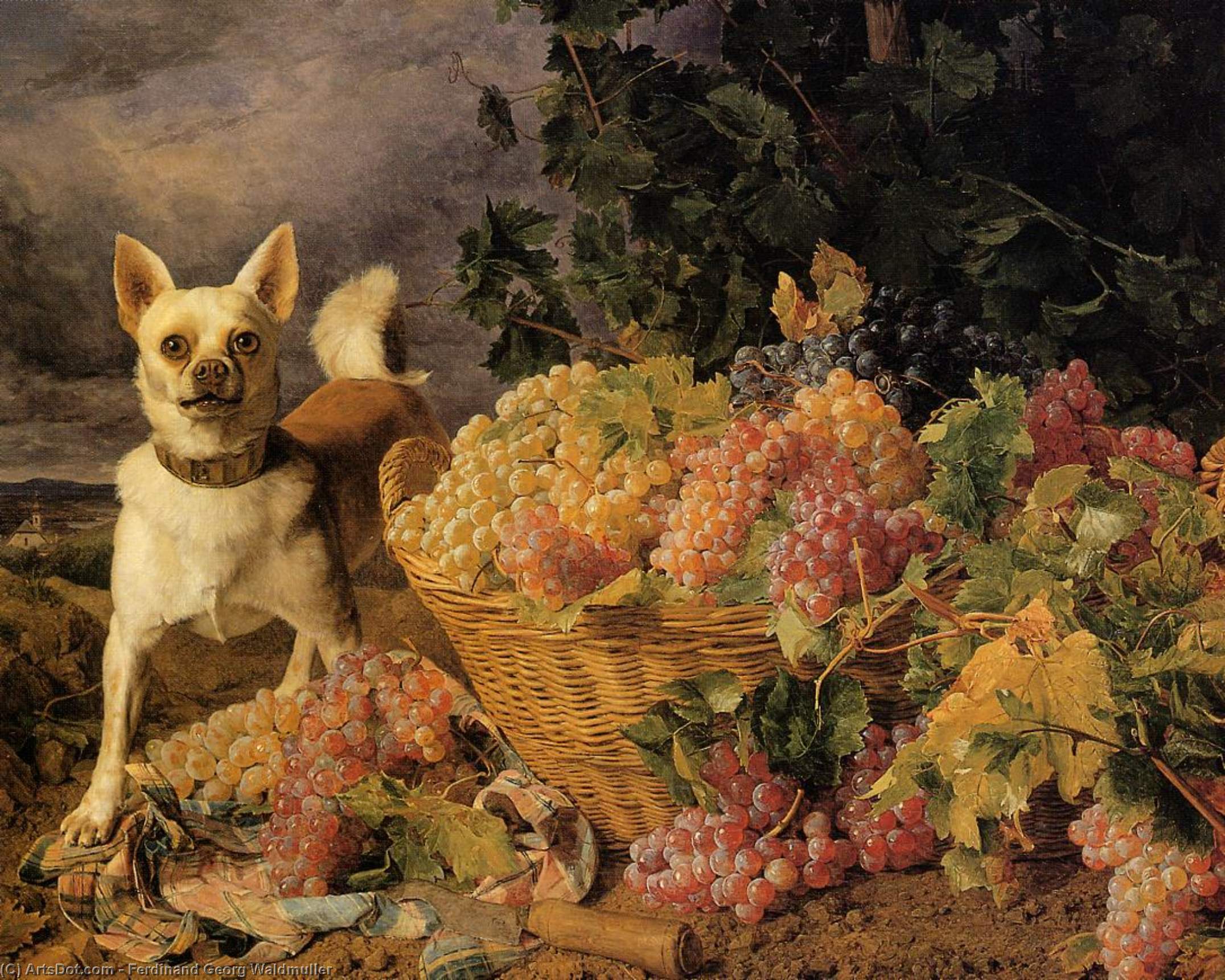 A Dog By A Basket Of Grapes In A Landscape — Ferdinand Georg Waldmüller