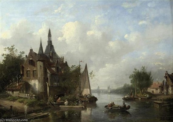 Boats On A River Near A Dutch Town — Salomon Leonardus Verveer