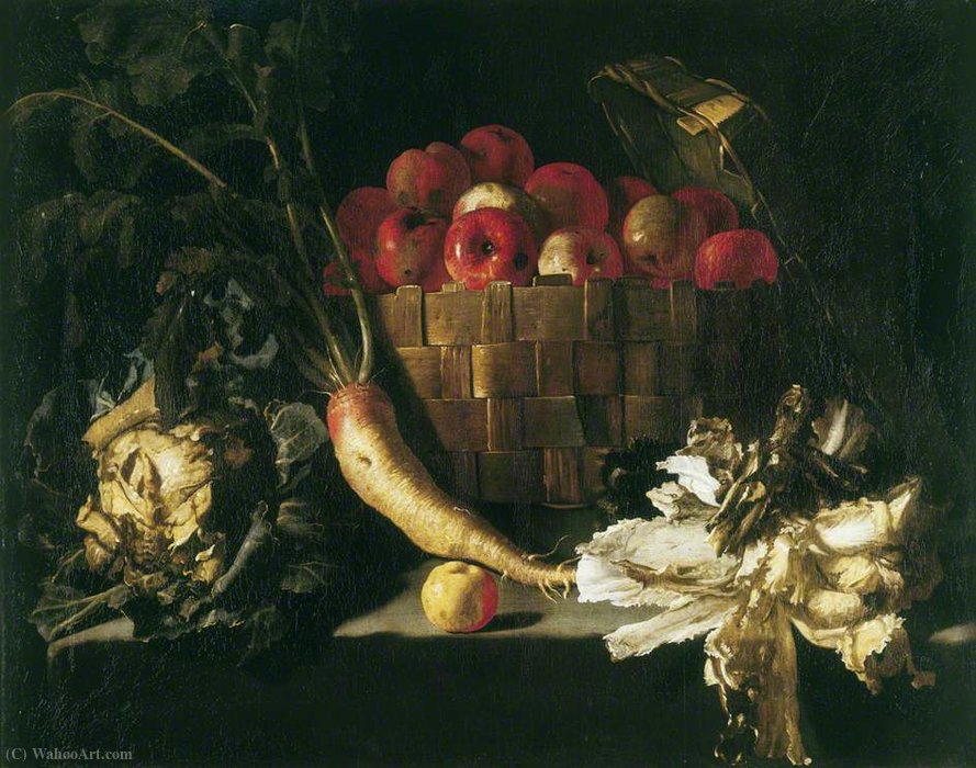 Still Life With Apples In A Wicker Basket, With A Cabbage, Parsnip, Lettuce And An Apple On A Stone Ledge — Giuseppe Recco