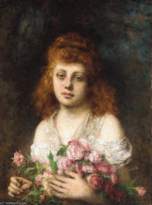 Auburn Haired Beauty With Bouquet Of Roses — Alexei Alexeievich Harlamoff