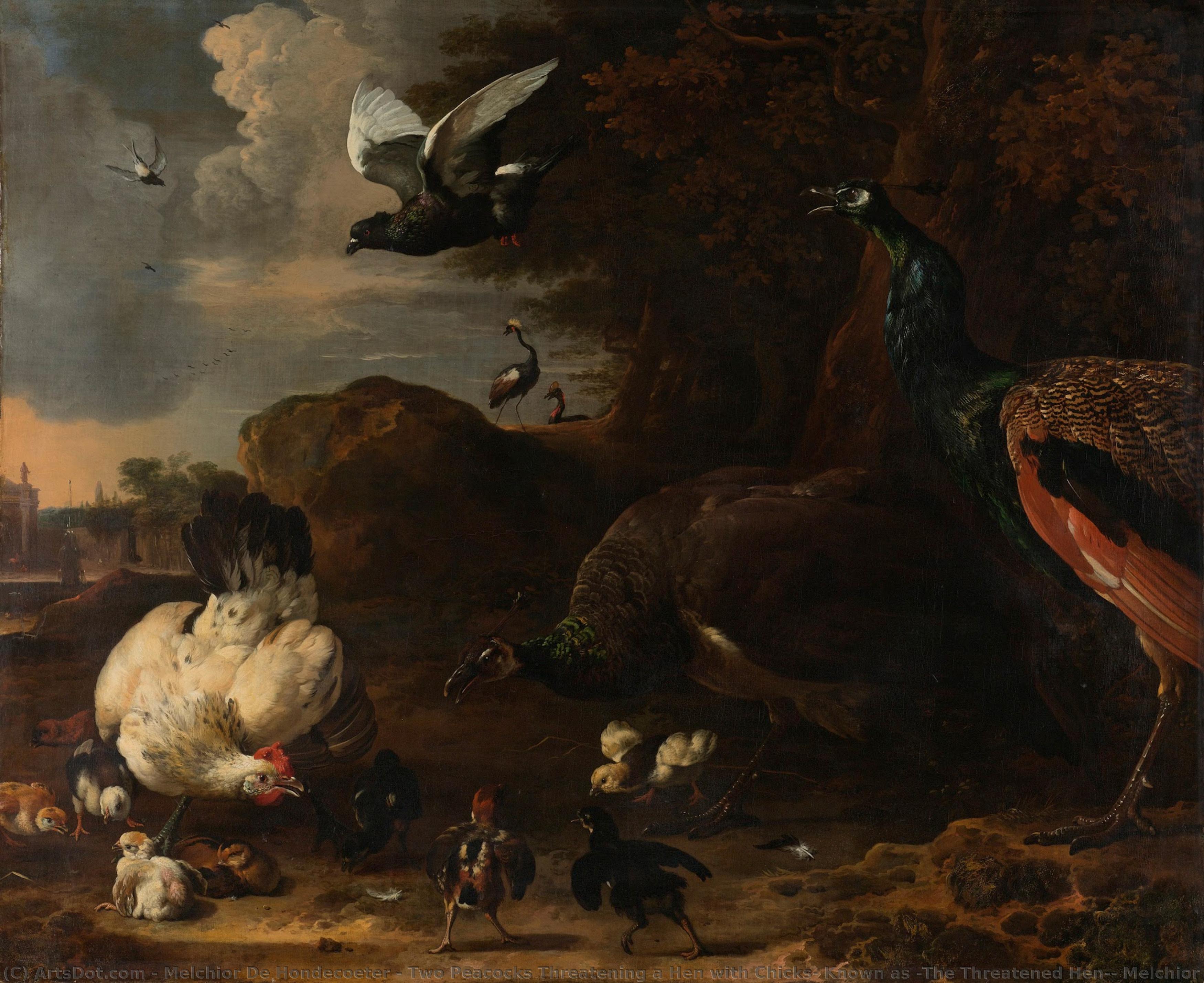 Two Peacocks Threatening A Hen With Chicks, Known As ‘the Threatened Hen’, Melchior D"hondecoeter, 1681 — Melchior De Hondecoeter