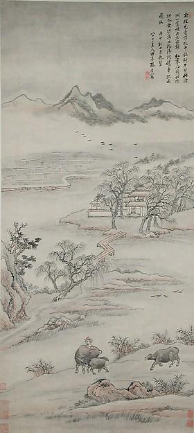 清 楊晉 滄洲牧牛圖 軸 Landscape With Figures — Yang Jin