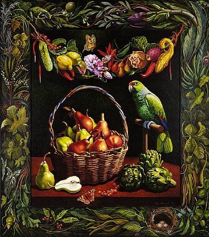 Summer Still Life With Basket Of Pears ^ Paco The Parrot — Ian John Hornak