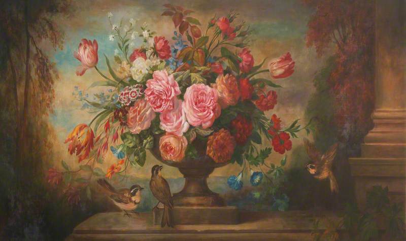 Floral Still Life In An Urn, In A Landscape, With Birds — David Paton