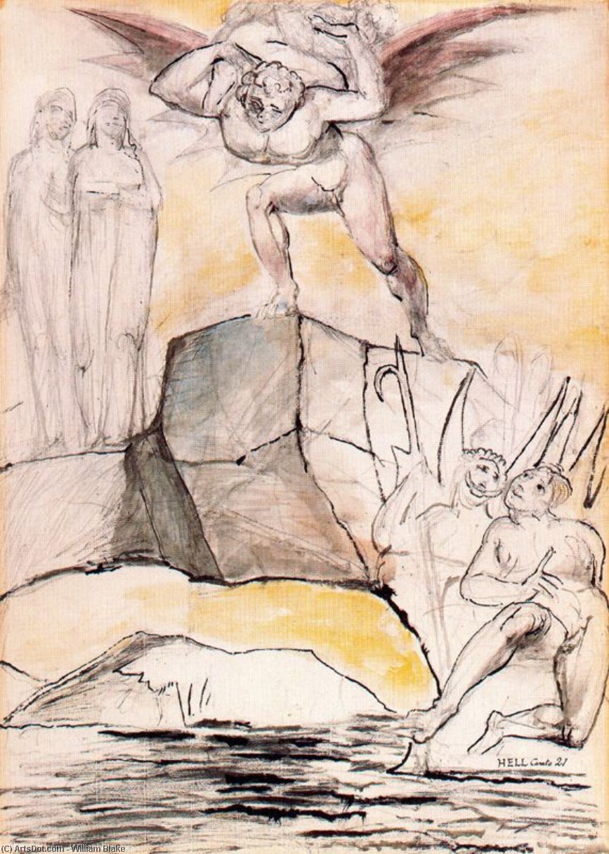 Un Diablo Llevando Al Prevaricador De Lucca Al Lago De Pez Hirviente — William Blake