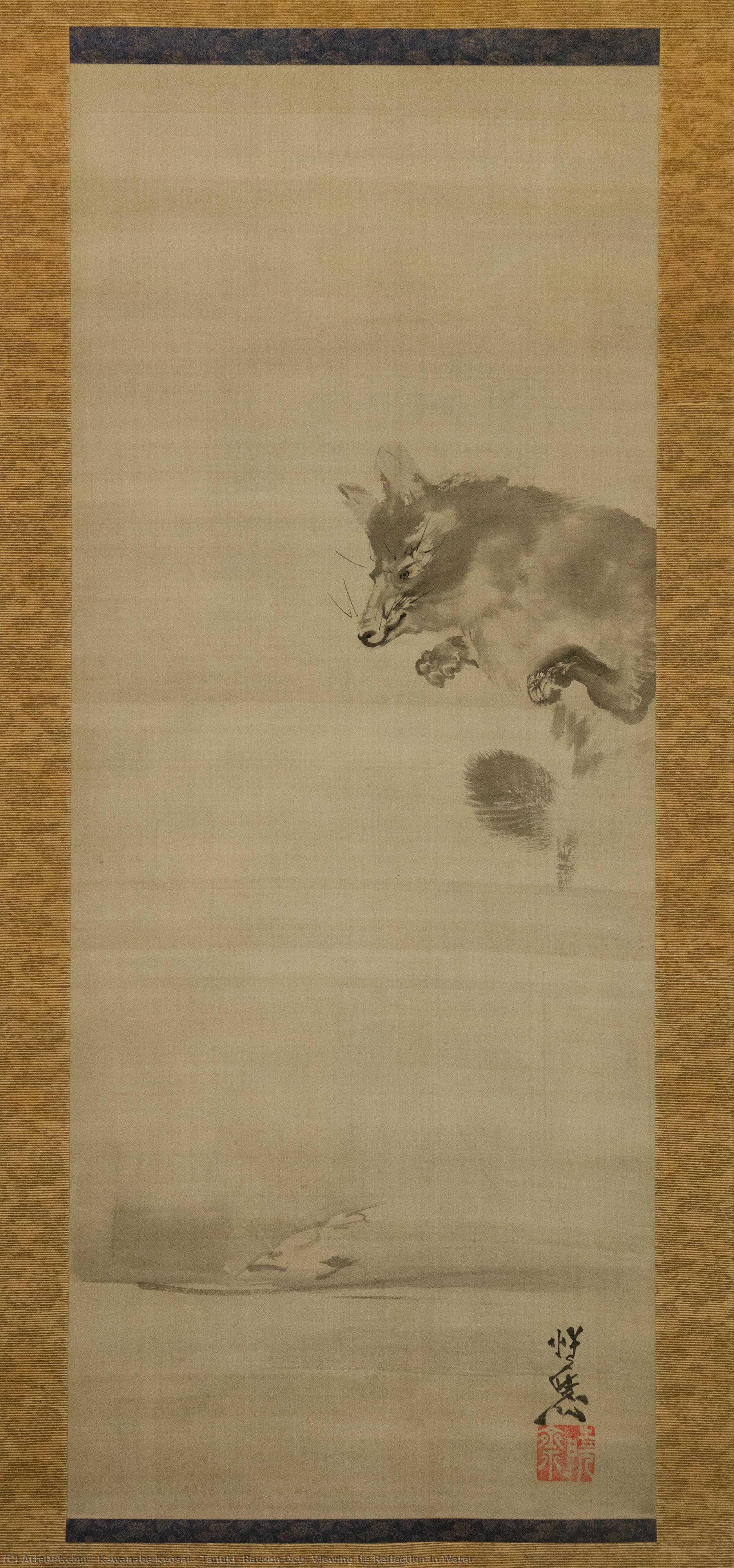 Tanuki (racoon Dog) Viewing Its Reflection In Water — Kawanabe Kyōsai