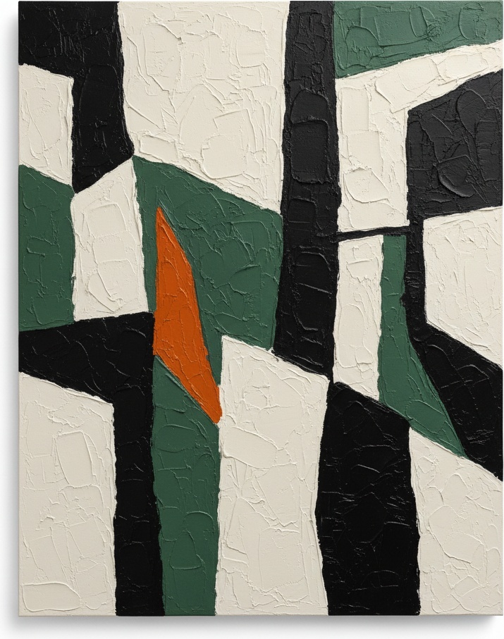 Fragmented Monolith: A Sculptural Study In Charcoal, Forest Green, And Burnt Orange — Laurent Fabre