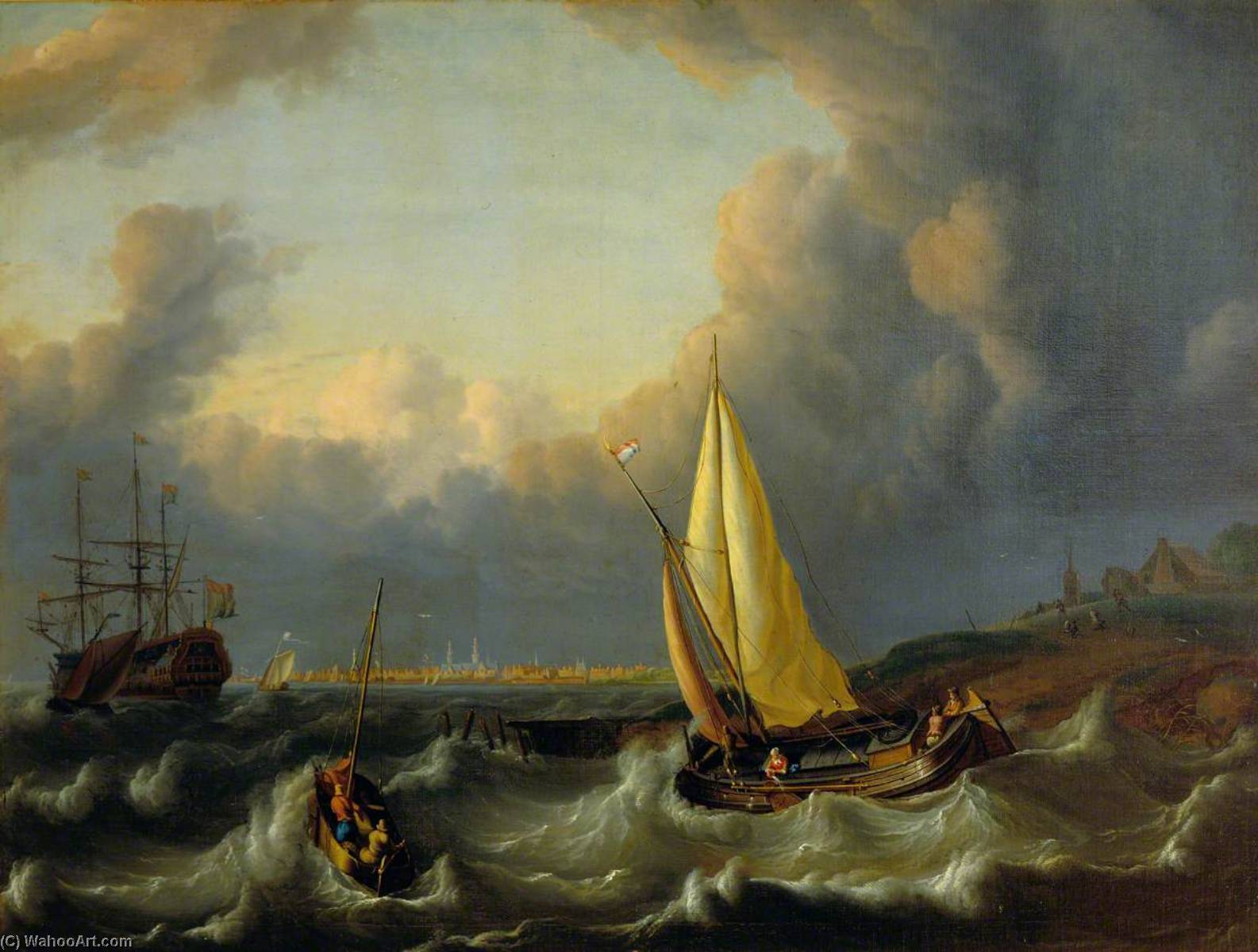 Seascape, Harbour With A Man Of War And A Small Craft — Ludolf Backhuysen I