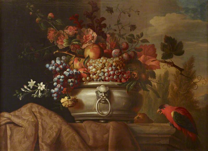 Fruit In A Pewter Bowl With A Parrot — Jakab Bogdány