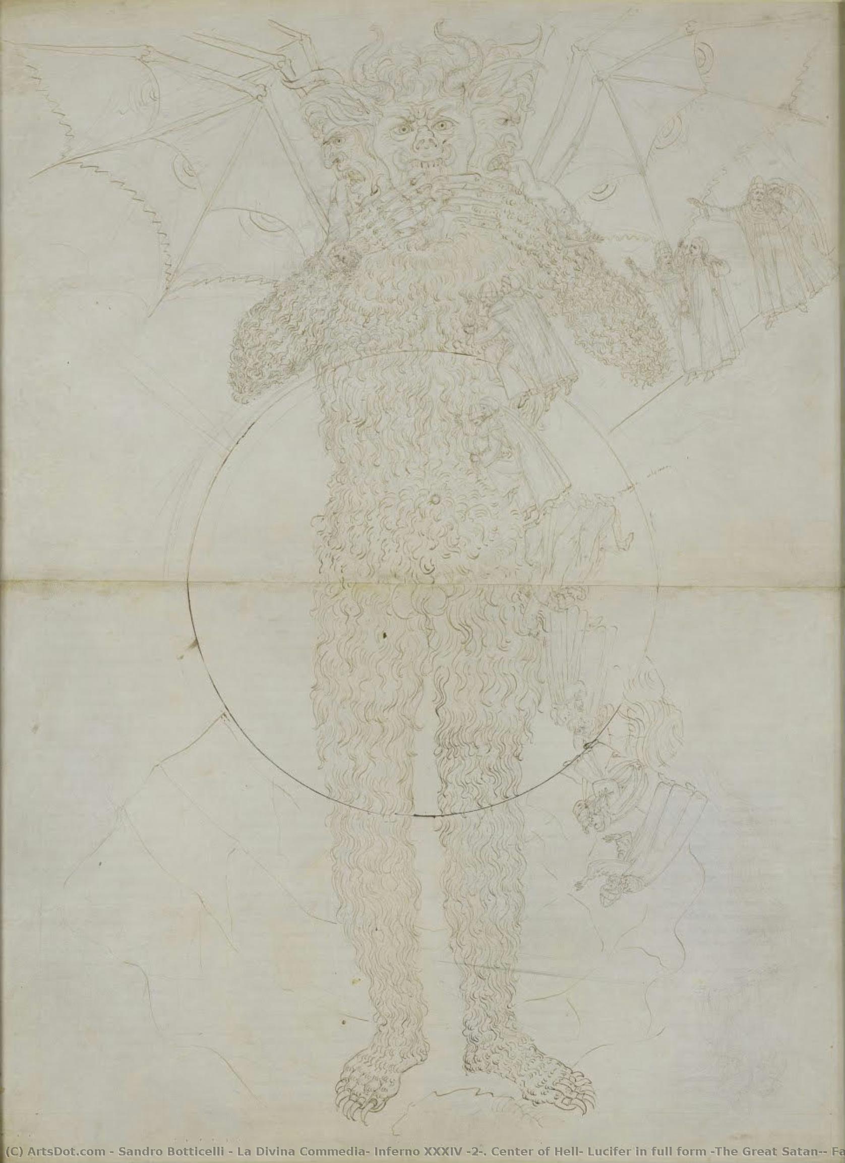 La Divina Commedia, Infierno Xxxiv (2). Centro Del Infierno: Lucifer En Su Forma Completa (el Gran Satán); Despedida Del Infierno — Sandro Botticelli