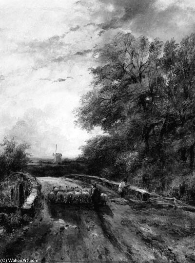 A Shepherd And His Flock Crossing A Bridge, A Windmill In A Landscape Beyond — Frederick Waters Watts