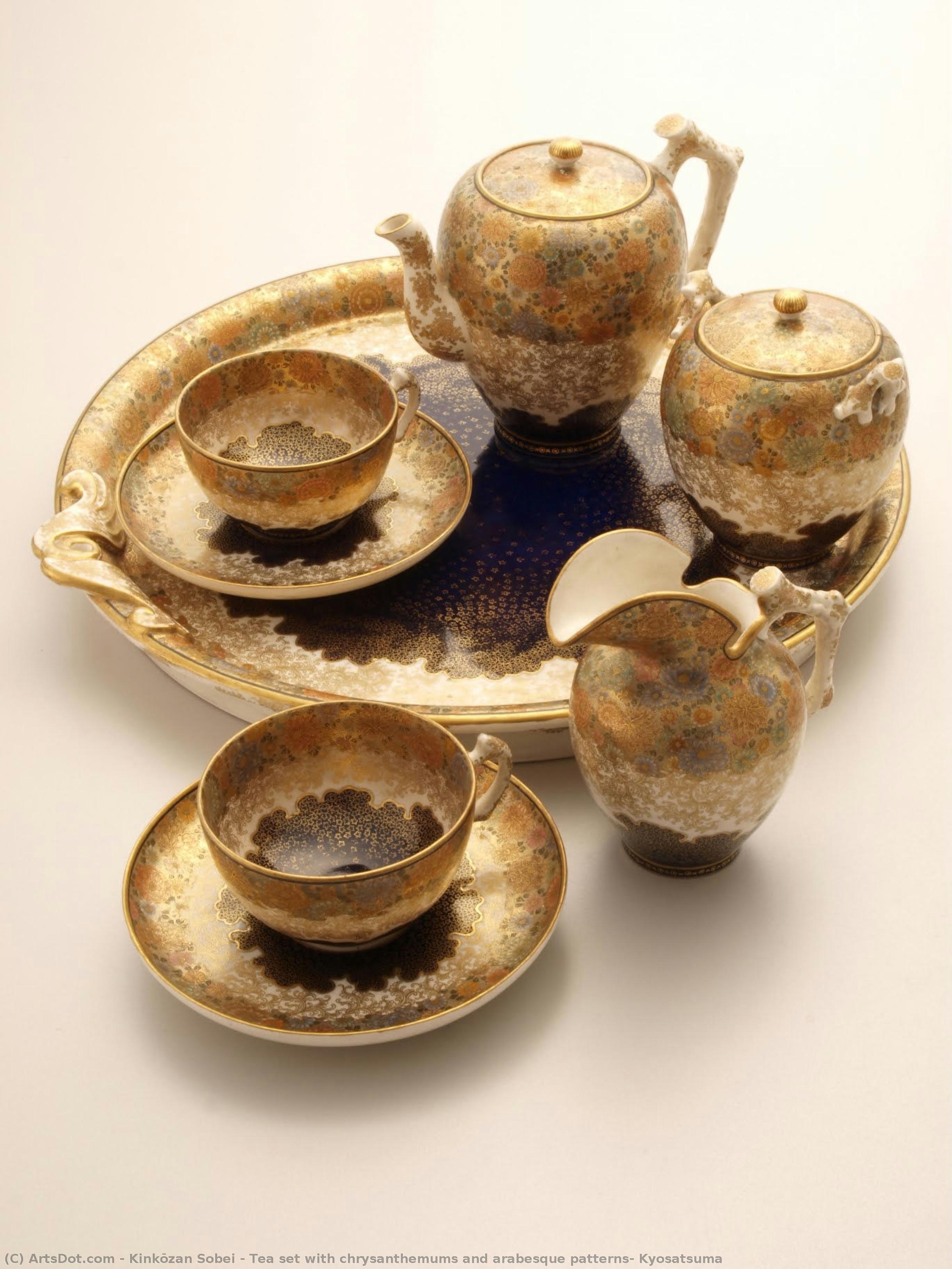 Tea Set With Chrysanthemums And Arabesque Patterns, Kyosatsuma — Kinkōzan Sobei