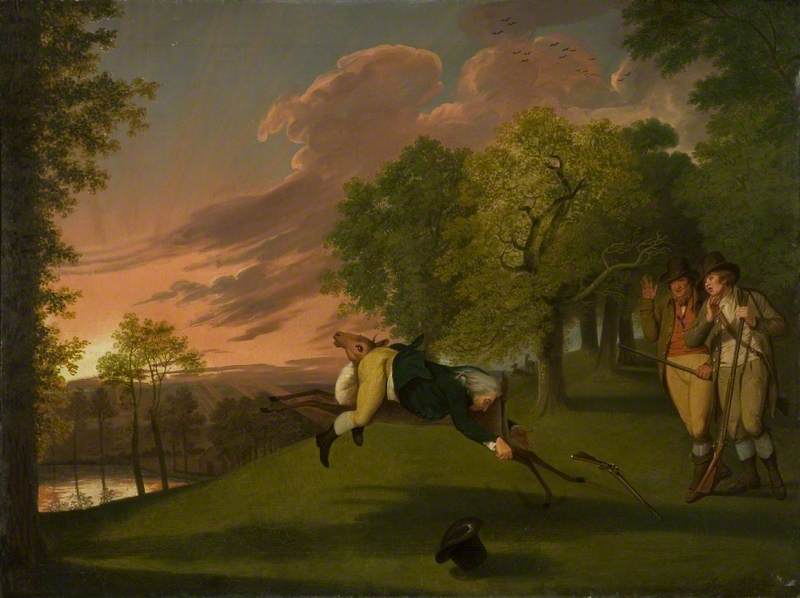 Robert Andrew, Earl Of Harlestone, Wrestling With A Stag Whilst Two Gentlemen Watch From The Sidelines — James Millar