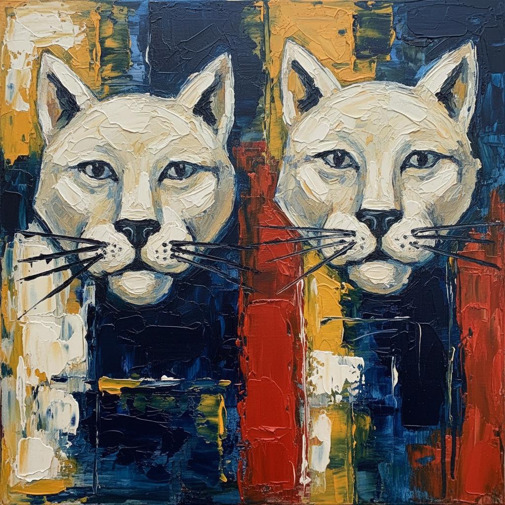 Symmetrical Shadows Of The Crimson Pillar In Heavy Impasto Feline Portraiture — Laurent Fabre
