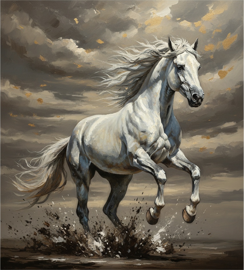 Ethereal Gallop Amidst Stormy Skies And Scattered Gilded Fragments Of Light — Christian Noiret