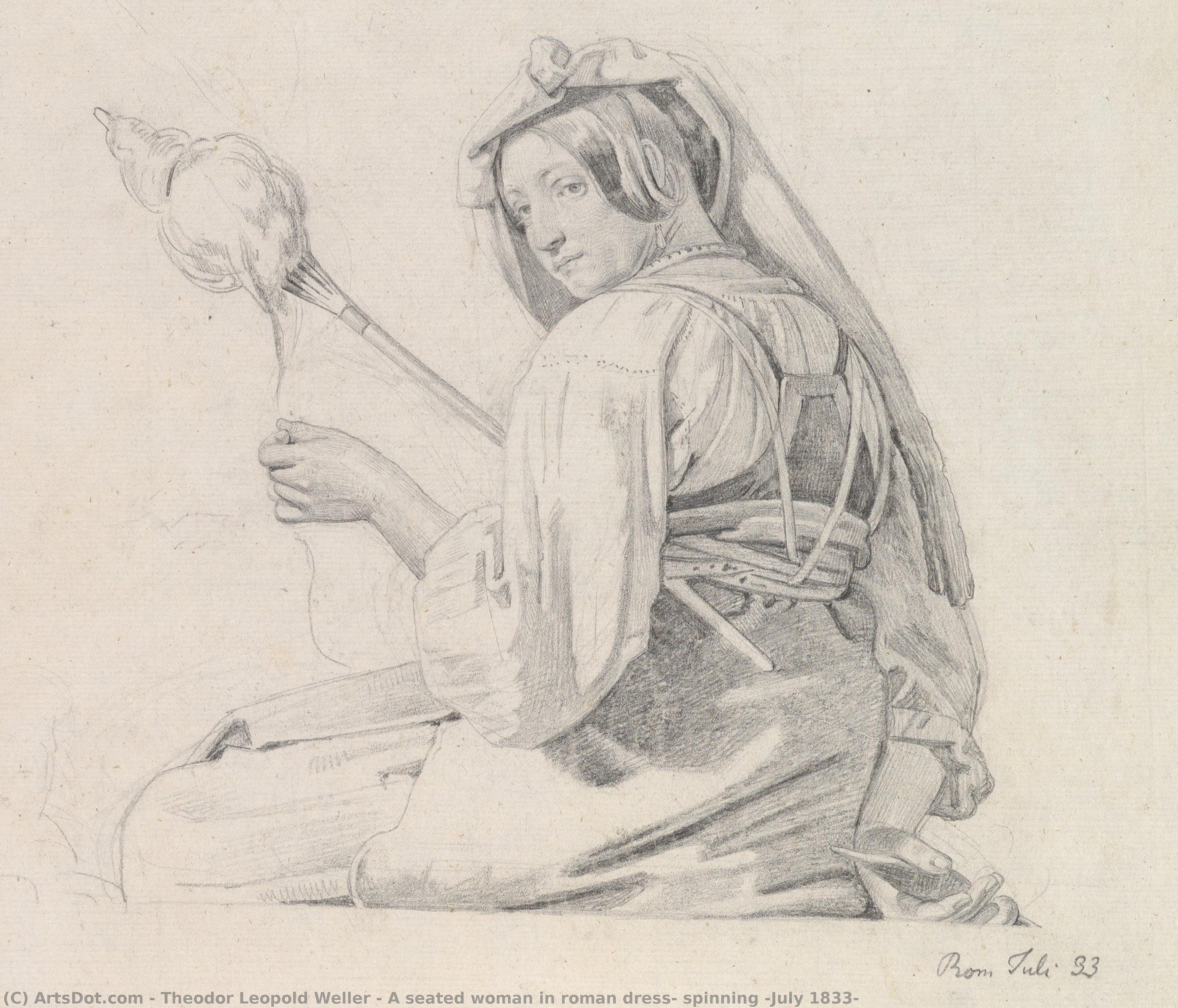 A Seated Woman In Roman Dress, Spinning (july 1833) — Theodor Leopold Weller