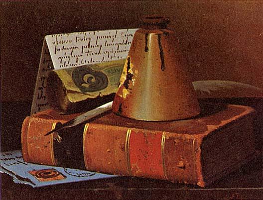 Still Life With Inkwell, Plume Old Book, (painting) — John Frederick Peto
