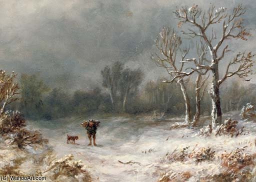 A Villager And His Dog In A Winter Landscape — Anthonie Jacobus Van Wijngaerdt