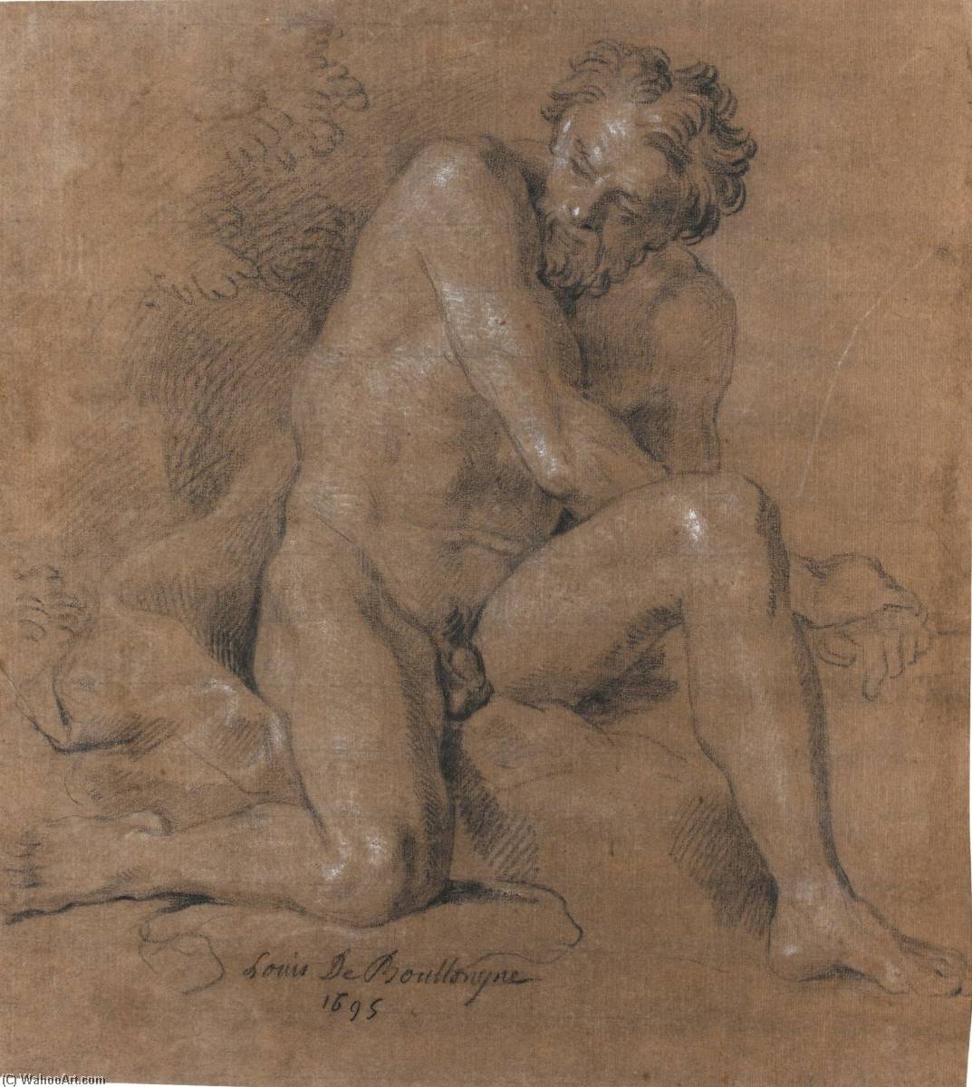 Male Nude On His Right Knee, His Left Leg Raised — Louis The Younger Boullogne